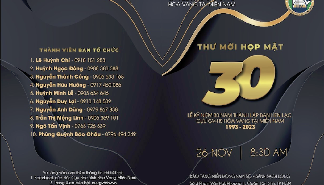 Thư mời họp mặt – Lễ kỹ niệm 30 năm thành lập ban liên lạc cựu gv-hs Hoà Vang tại miền nam ngày 26/11/2023