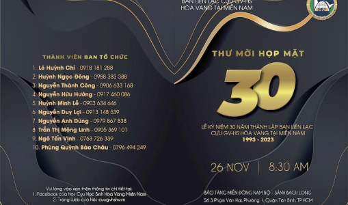 Thư mời họp mặt – Lễ kỹ niệm 30 năm thành lập ban liên lạc cựu gv-hs Hoà Vang tại miền nam ngày 26/11/2023